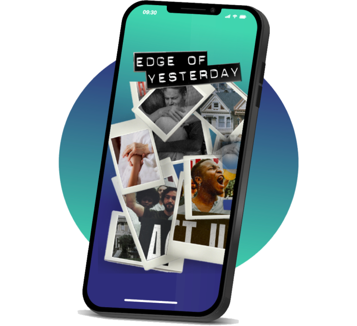 Image of cell phone featuring Edge of Yesterday podcast graphic